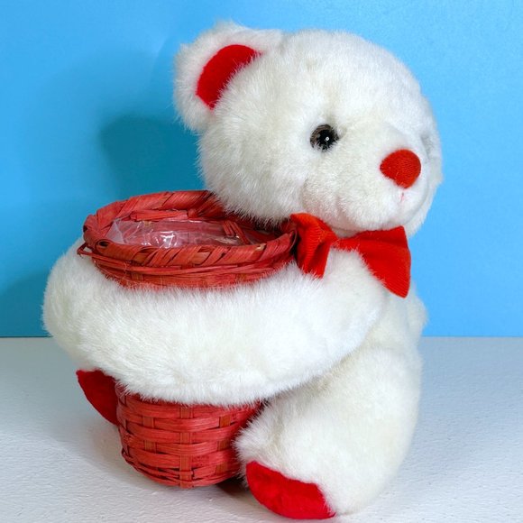 VERY RARE Vintage PBC White Red Teddy Bear w/ Basket 8" Plush Stuffed Animal Toy - Picture 2 of 5